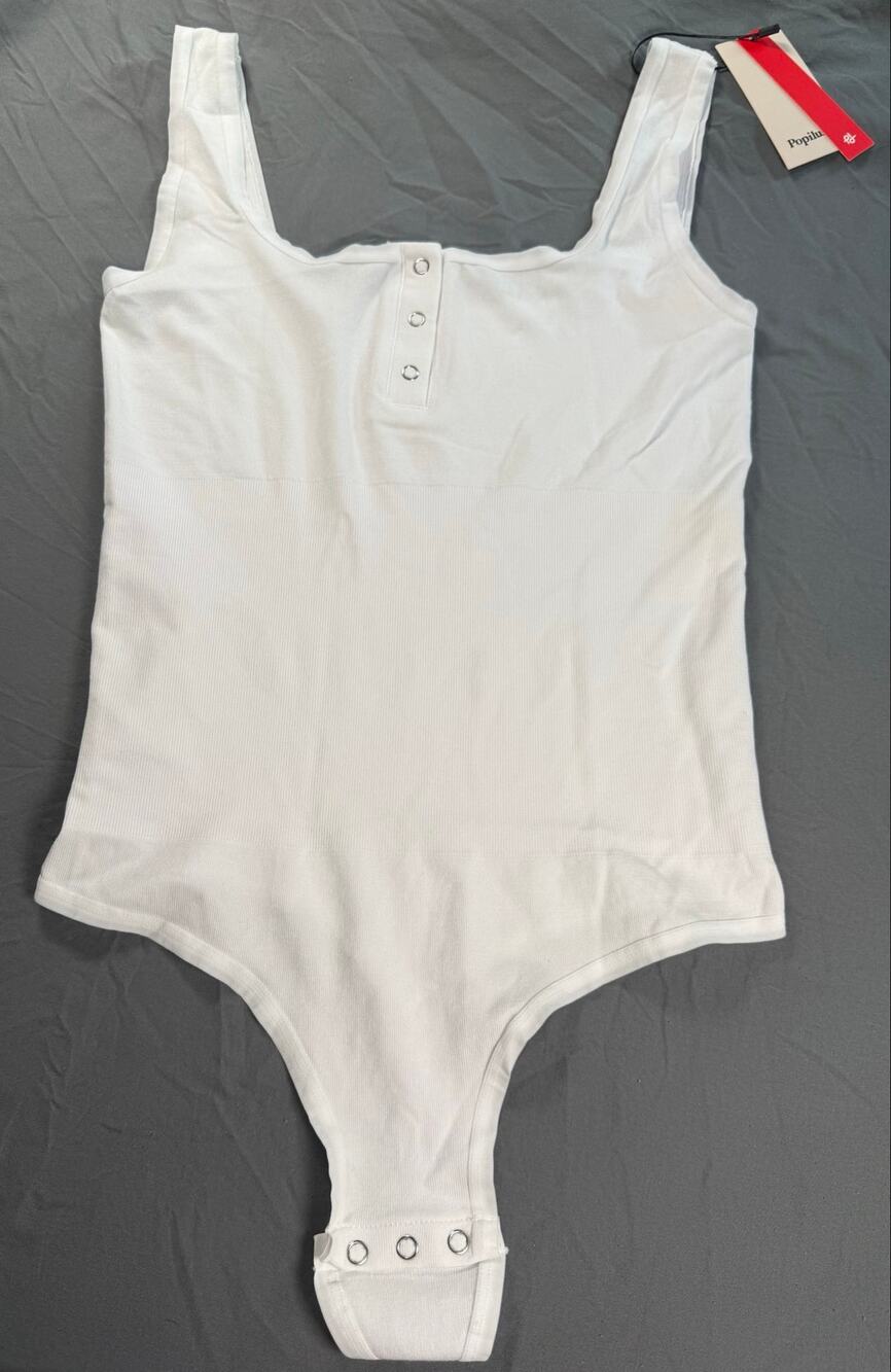 Popilush Women XL XXL White Seamless Henley Thong Bodysuit Snap Front NWT Ribbed